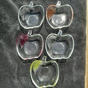 Vintage Apple Shaped Glass Bowl Etched Leaf KIG 5"x4" Dessert Candy Dish Set (5)